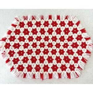 Vintage Hand-Crocheted Placemats Set of 6 Red & White Oval 18”x12” Cottagecore